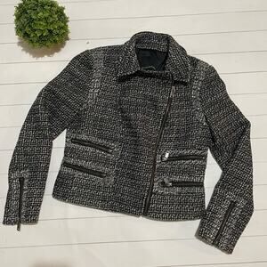 Banana Republic Black White Tweed Asymetric Moto Jacket Blazer Size 4 Petite‎